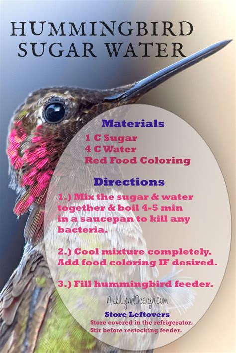 Change the food in your feeders regularly. You can make hummingbird nectar with sugar and water at a ratio of 1:4 sugar to water. Clean your feeders frequently. Put your feeders in places that are sheltered from cold wind and snow. Bring your feeders in at night to keep them from freezing or use a feeder warmer.